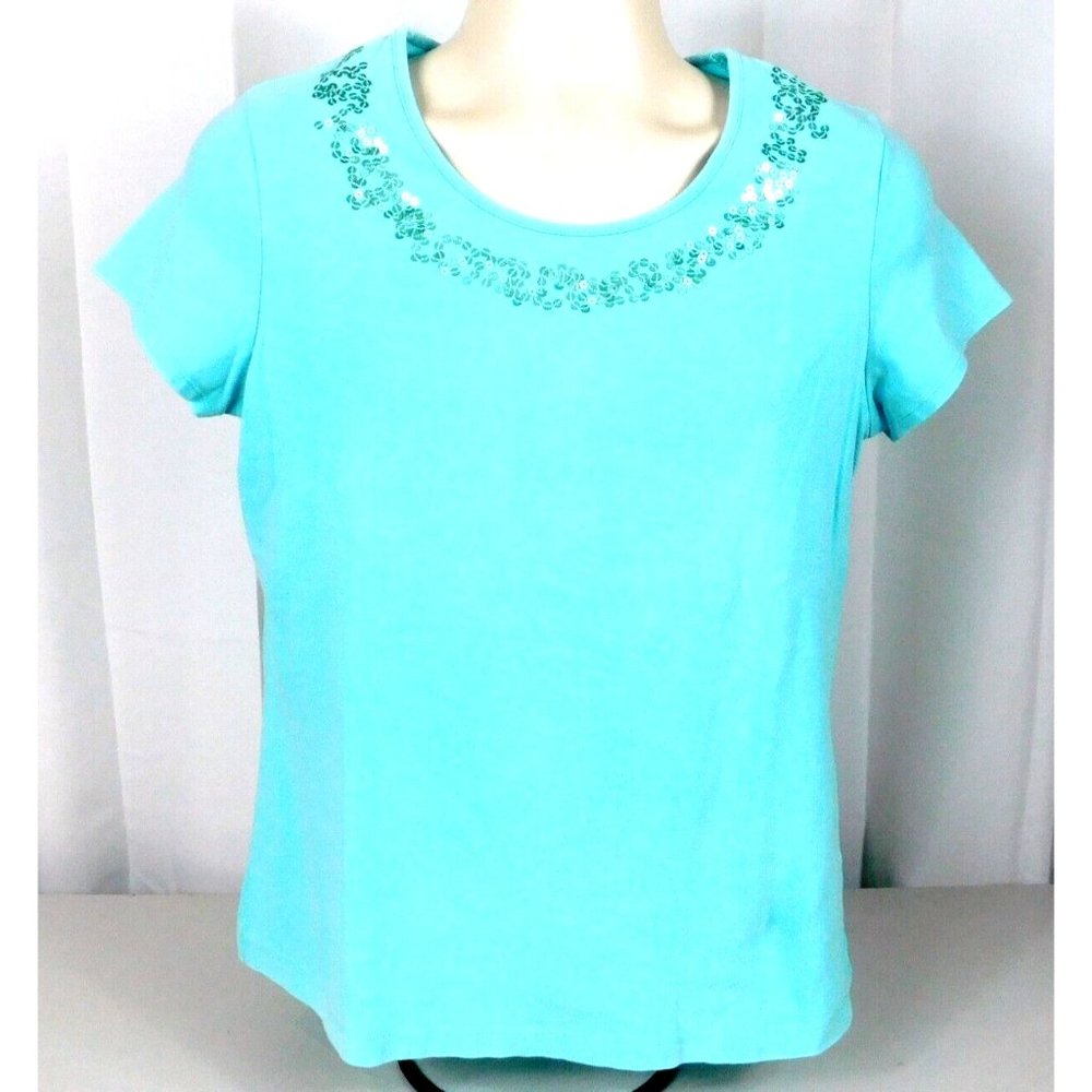 Croft & Barrow Stretch Womans Tee Sequined Neckline Medium Blue